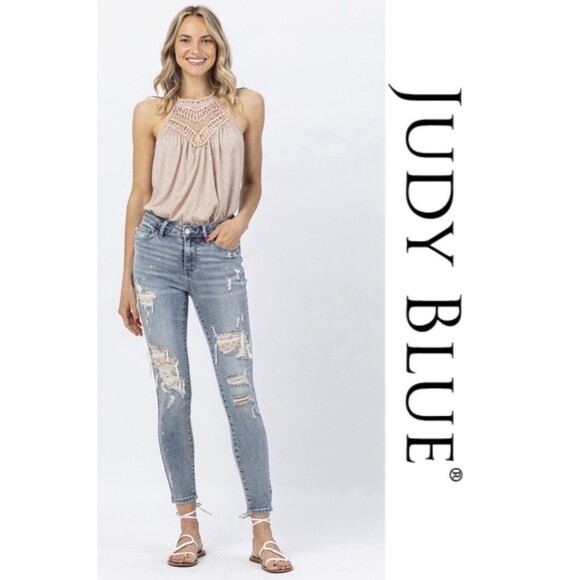 Judy Blue Denim - JUDY BLUE Jeans 5 / 27 Lace Patch Mid Rise Distressed Skinny Light Wash JB88432